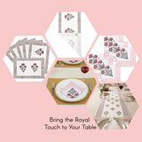 Elegant white placemats with pink gray floral designs in 13 pc cotton set