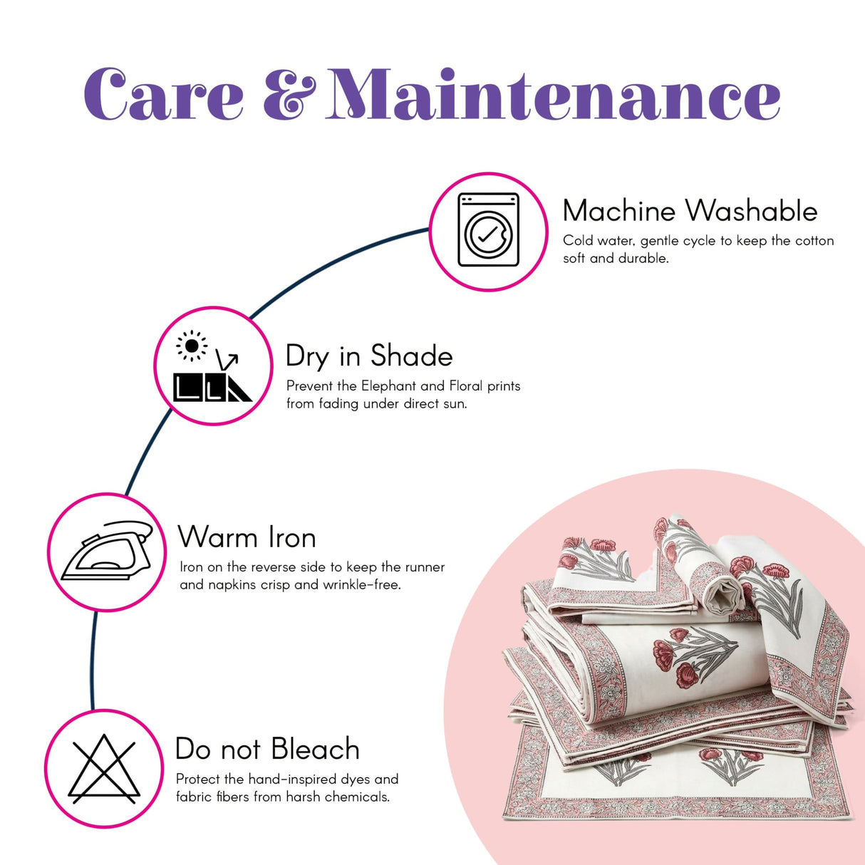 Stack of white cotton napkins with pink gray floral prints