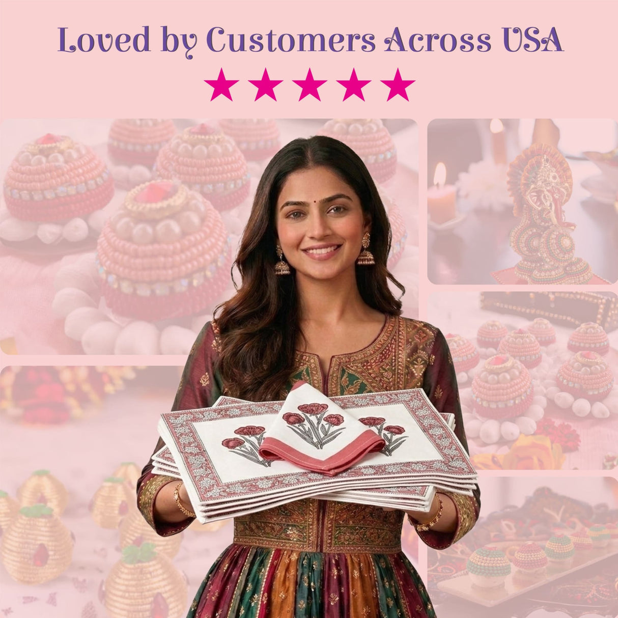 White cotton napkins with red floral embroidery, stacked in Home Table Decorations Set