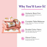 Pink white 13pc tableware set with royal elephant block print designs