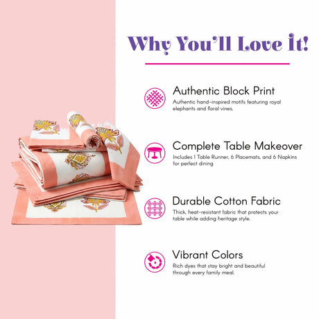 Pink white 13pc tableware set with royal elephant block print designs