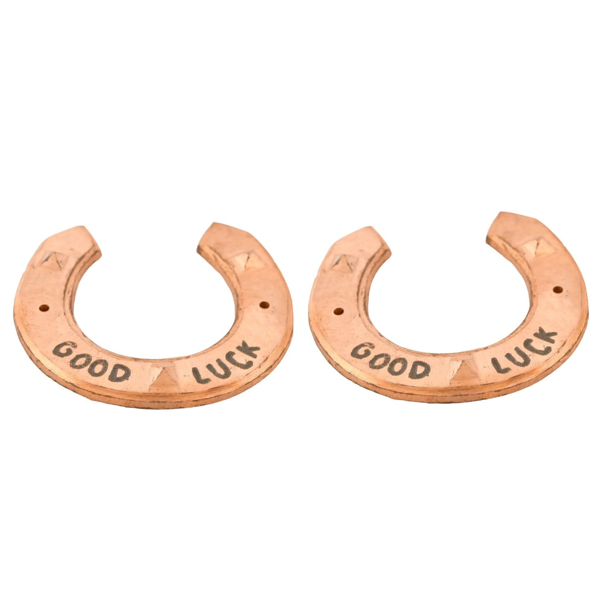 Two copper-colored horseshoe charms for rustic wedding and party decor