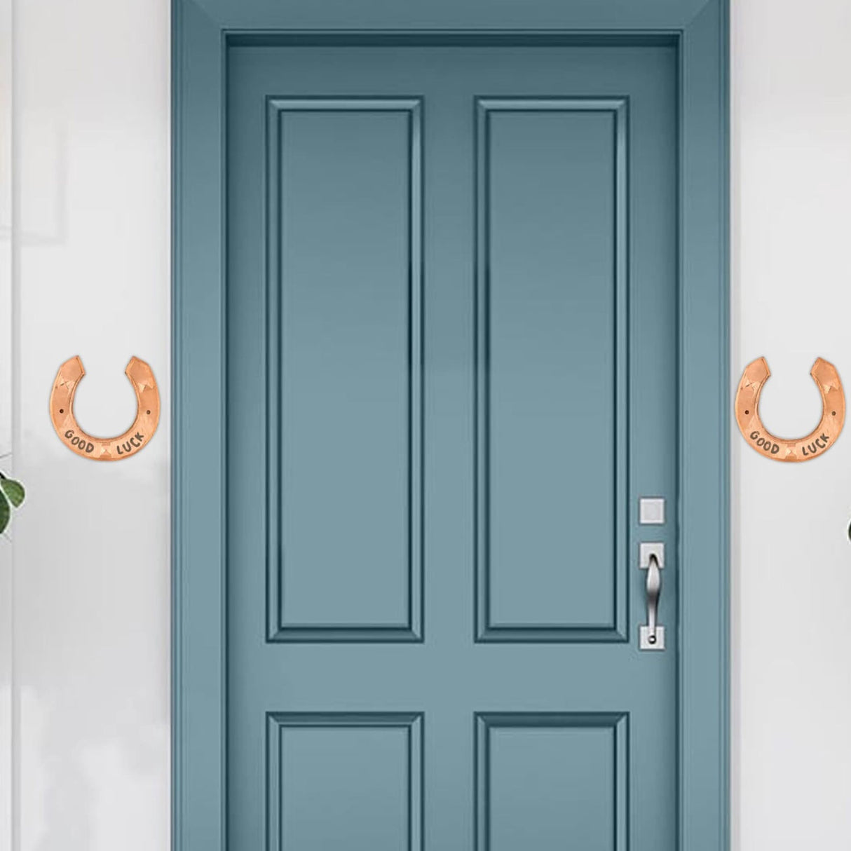 Blue paneled door with horseshoe decorations for Rustic Vintage Western Theme Party