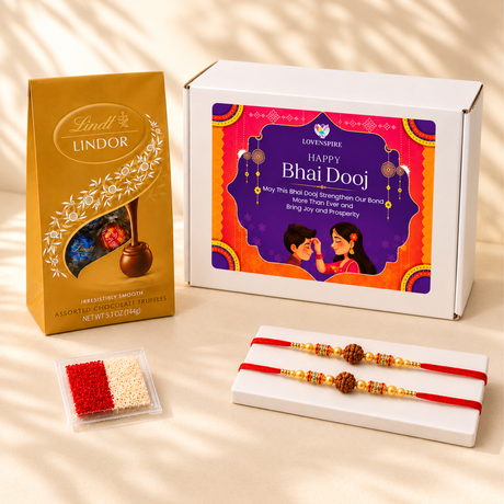 Bhai Dooj Gift Hamper for Brother - Traditional Handmade Rudraksha Bead Rakhi Bracelet with Chocolates & Roli Chawal