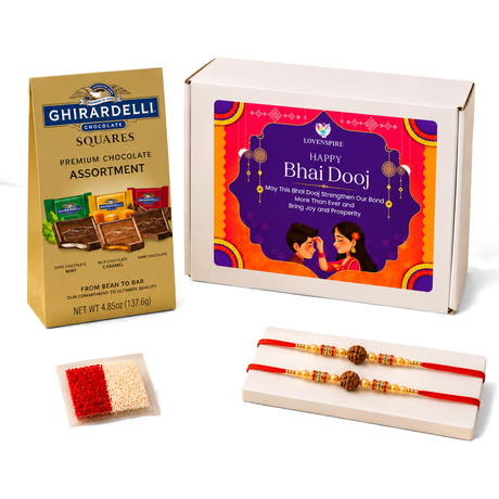 Bhai Dooj Gift Hamper for Brother - Traditional Handmade Rudraksha Bead Rakhi Bracelet with Chocolates & Roli Chawal