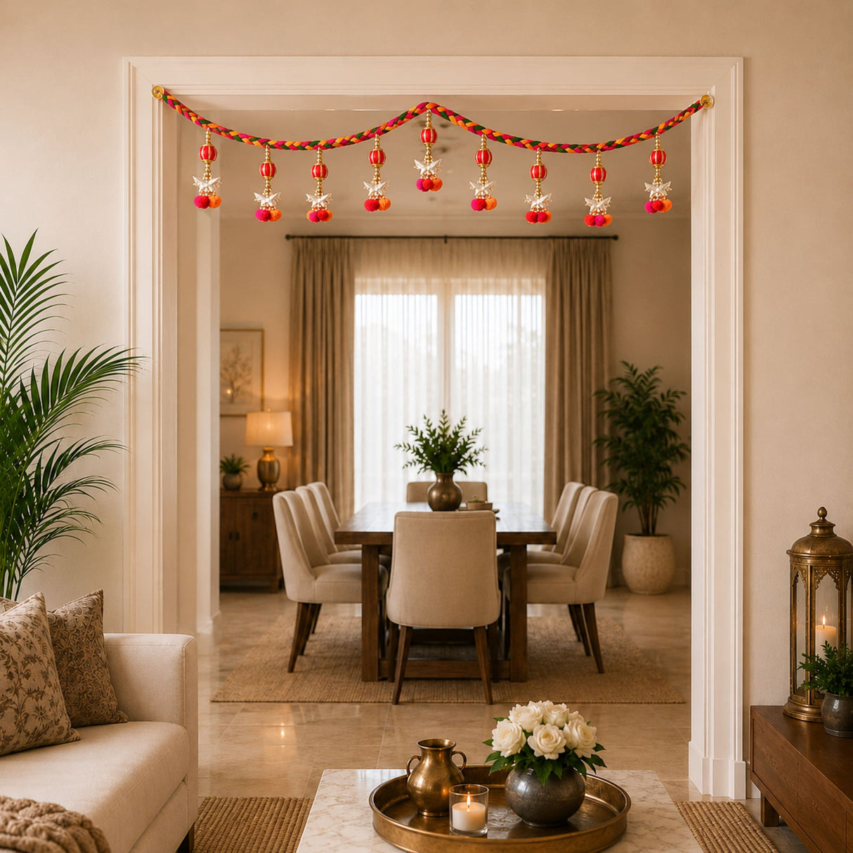 Traditional festive door toran garland in red and gold with braided design and hanging lanterns for diwali pooja decor