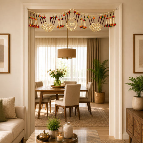 Bead door toran with multicolor pompom features ornate beadwork and warm gold red orange tones for festive decorations