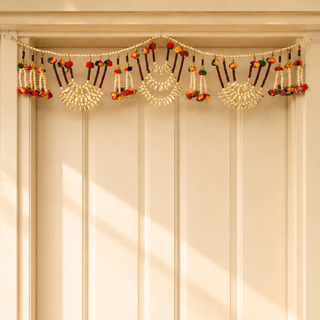Bead door toran 3 ft with cream pearls dark brown beads gold accents and multicolor pompoms for festive decor