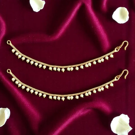 Indian Traditional Ear Chains for Women - Indian Jewellery for Earring Support Long Gold Tone Earring Chain Ear to Hair Chain Jewelry Faux Pearl Hair Accessory - Bridal Jewelry for Wedding - LoveNspire