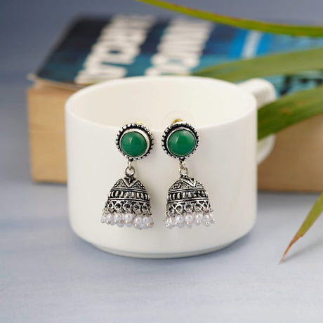 Indian Oxidized Jhumka Earrings for Women - Indian Oxidized Bell Tassel Jhumki Ethnic Chandbali Earrings Faux Pearls with Oxidized Platting Bollywood Style Dangle Earring Jewelry for Bride - LoveNspire