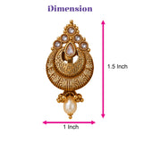 Gold tone Indian Kundan chandbali earrings with intricate filigree and faux pearls for Diwali wedding and ethnic wear
