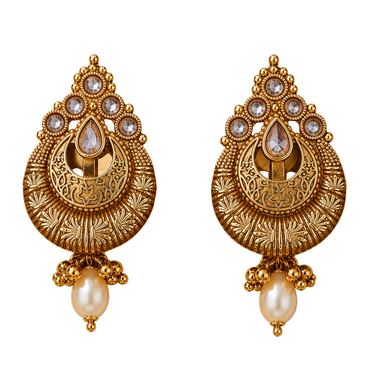 Indian kundan and faux pearls gold tone chandbali earrings with intricate filigree and teardrop stones for ethnic wear
