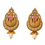 Indian kundan gold tone chandbali earrings with pink teardrop stone and faux pearls for diwali wedding wear