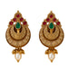 Golden ornate indian kundan chandbali earrings with red and green gemstones and pearl drops for diwali and weddings