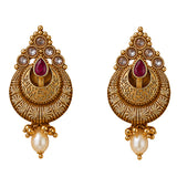 Indian kundan gold tone chandbali earrings with teardrop red gemstone and faux pearl dangles for wedding and ethnic wear