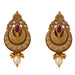 Indian kundan gold tone chandbali earrings with teardrop red gemstone and faux pearl dangles for wedding and ethnic wear