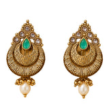 Gold tone indian kundan chandbali earrings with emerald teardrop clear stones and faux pearl drops for wedding wear