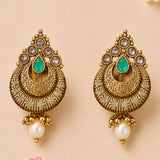 Indian kundan and faux pearls gold tone chandbali earrings with emerald and clear stones for wedding and ethnic wear