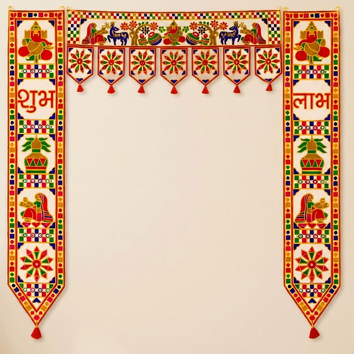 Fabric Ganesha door toran with vibrant red green gold blue embroidery on white for Indian traditional home décor