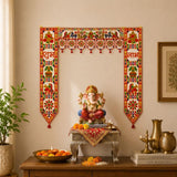A vibrant red and gold embroidered fabric ganesha door toran with shubh labh for traditional Indian home décor