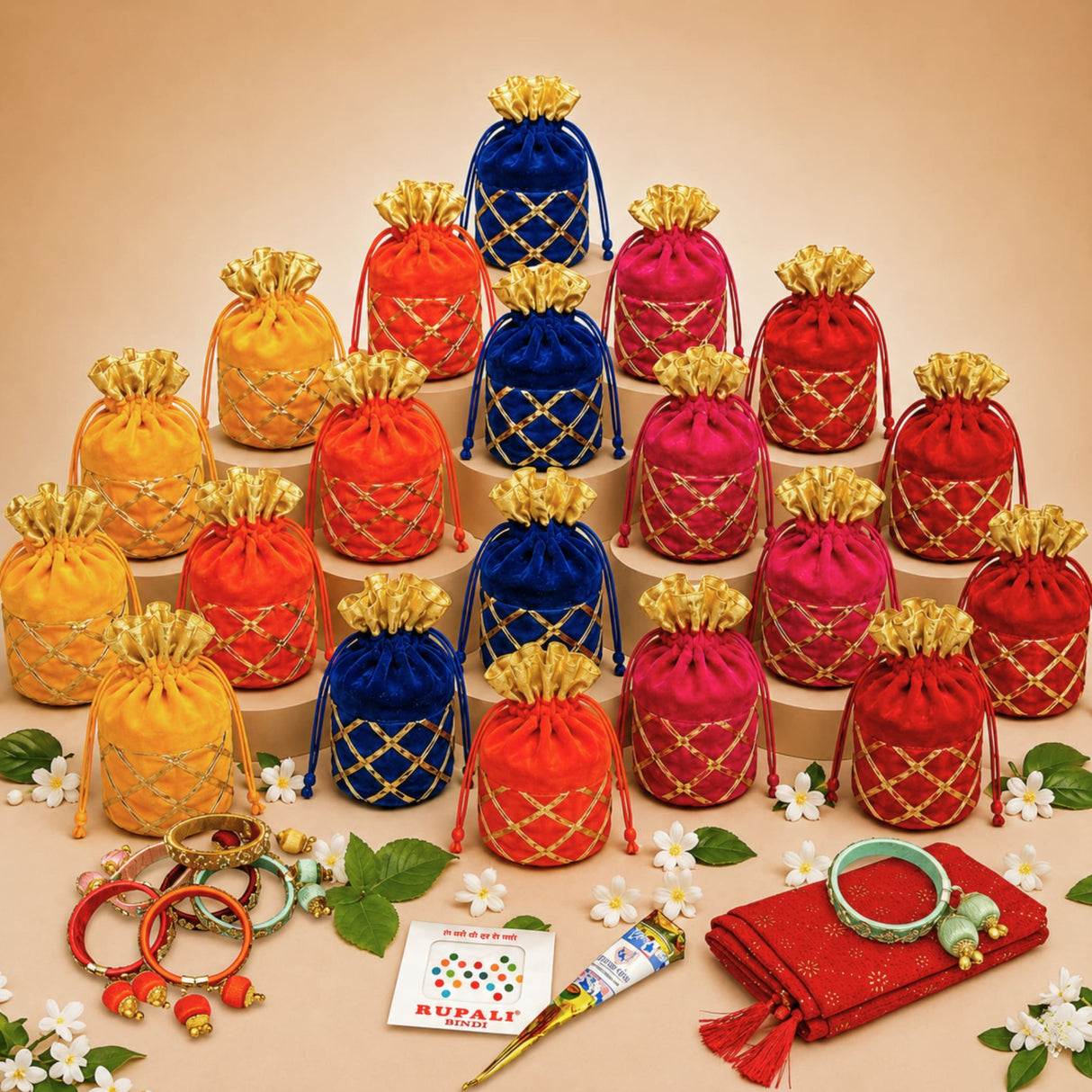 Vibrant velvet drawstring potli bags in red orange and blue with gold lattice detailing for festive gift hampers