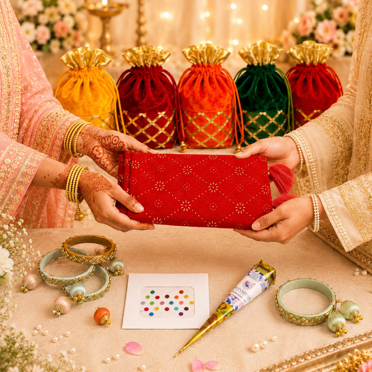 Red velvet clutch with gold geometric embroidery and matching tassels perfect for navratri gift hamper use