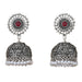 Boho oxidized silver jhumka earrings with intricate filigree red gemstone and pearl dangles for weddings and ethnic wear