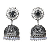 Boho oxidized silver tone jhumka earrings with intricate floral designs black gemstone and pearl dangle for ethnic wear