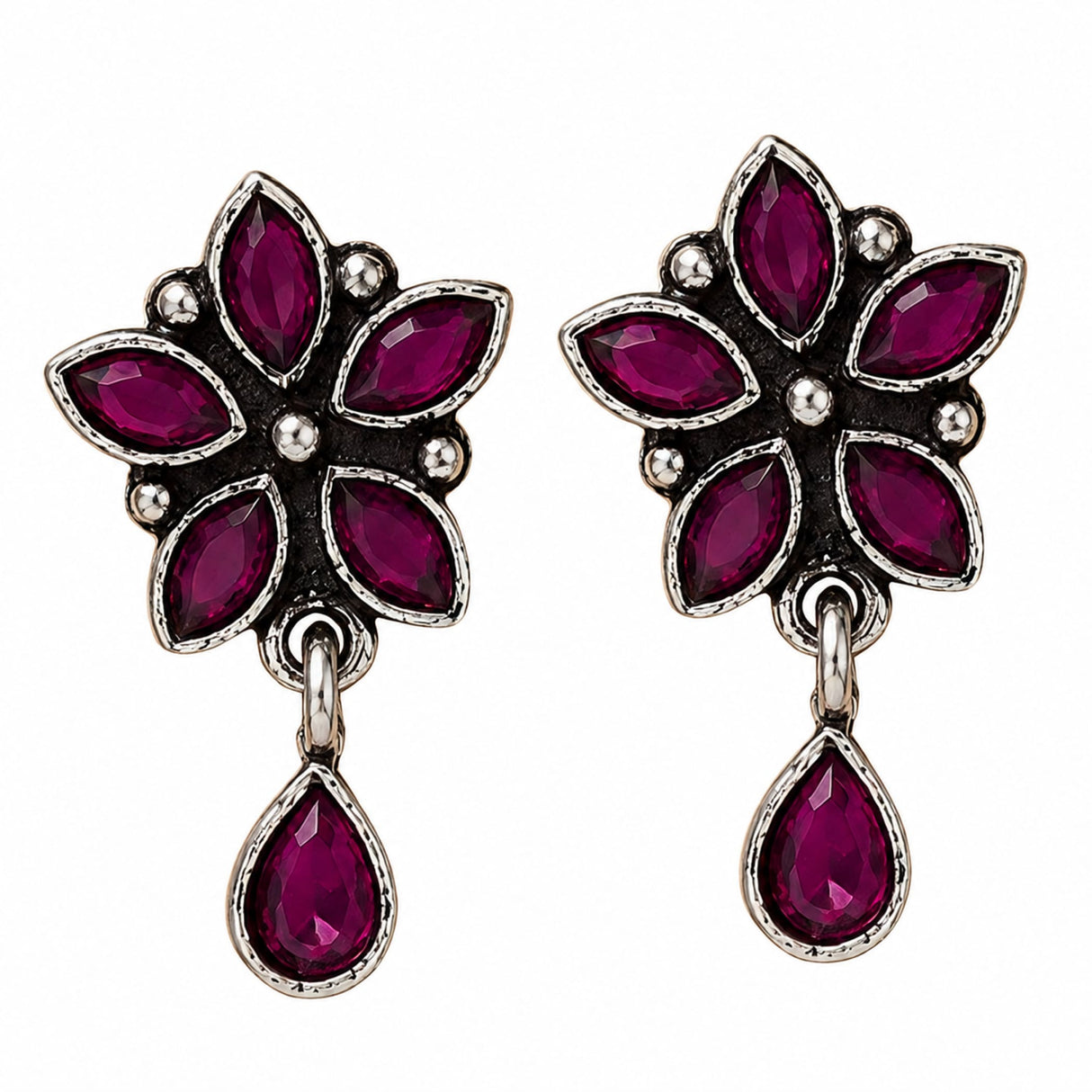 Elegant indian oxidized floral earrings with deep purple gemstones in silver metal, perfect for diwali and weddings