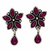 Elegant indian oxidized floral earrings with deep purple gemstones in silver metal, perfect for diwali and weddings
