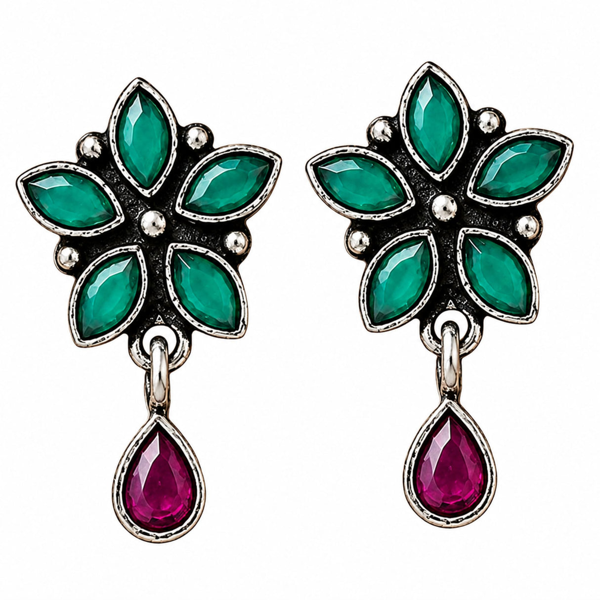 Indian oxidized silver floral earrings with emerald green marquise stones and ruby teardrop pendant for ethnic wear