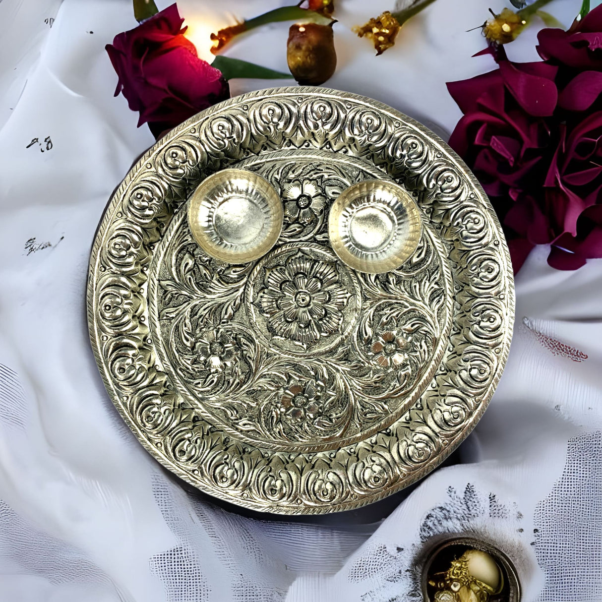 Indian german silver pooja thali set diya aarti plate haldi