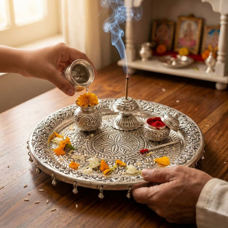 Indian German silver pooja thali with ornate floral embossing and tassels