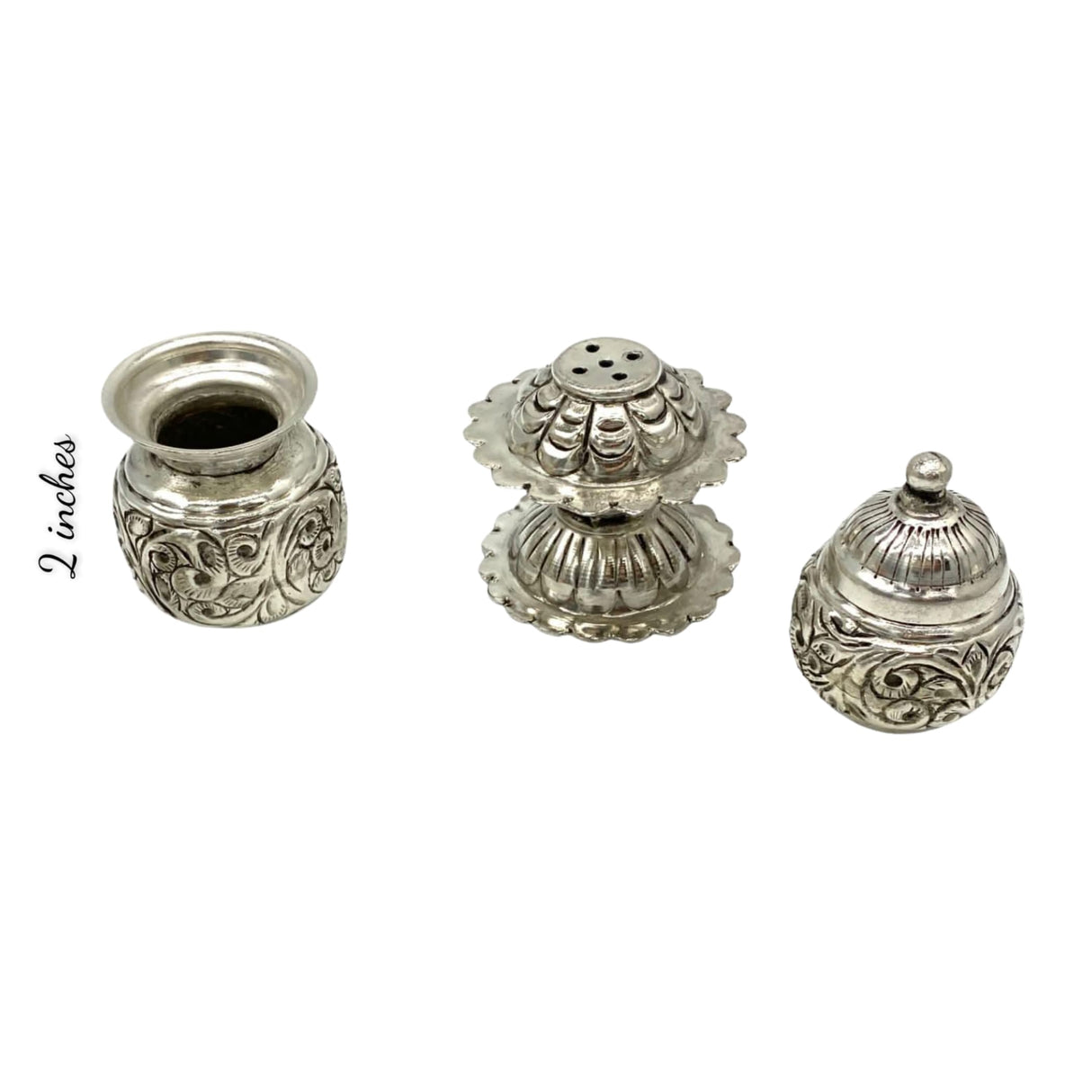 Indian German silver incense burner set with floral lotus engravings