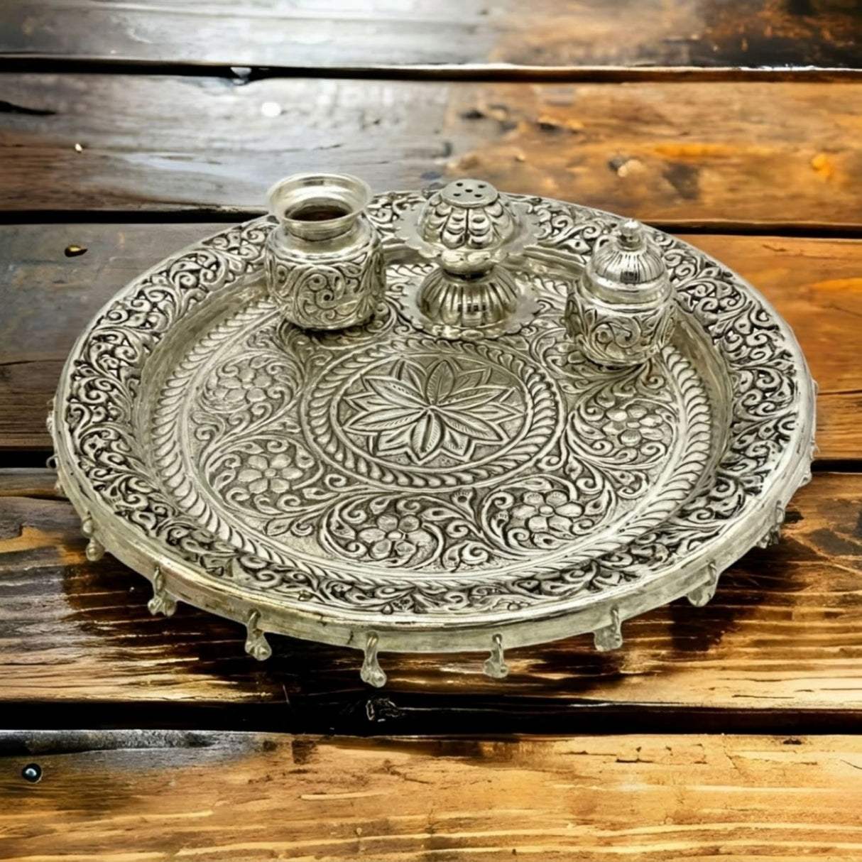Indian German silver pooja thali set with ornate tray and containers