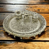 Indian German silver pooja thali set with ornate tray and containers