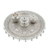 Indian German silver pooja thali set with ornate tray and 3 containers