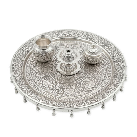 Indian German silver pooja thali set with ornate tray and 3 containers