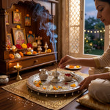 Silver ornate incense burner on Indian German Silver Pooja Thali set tray