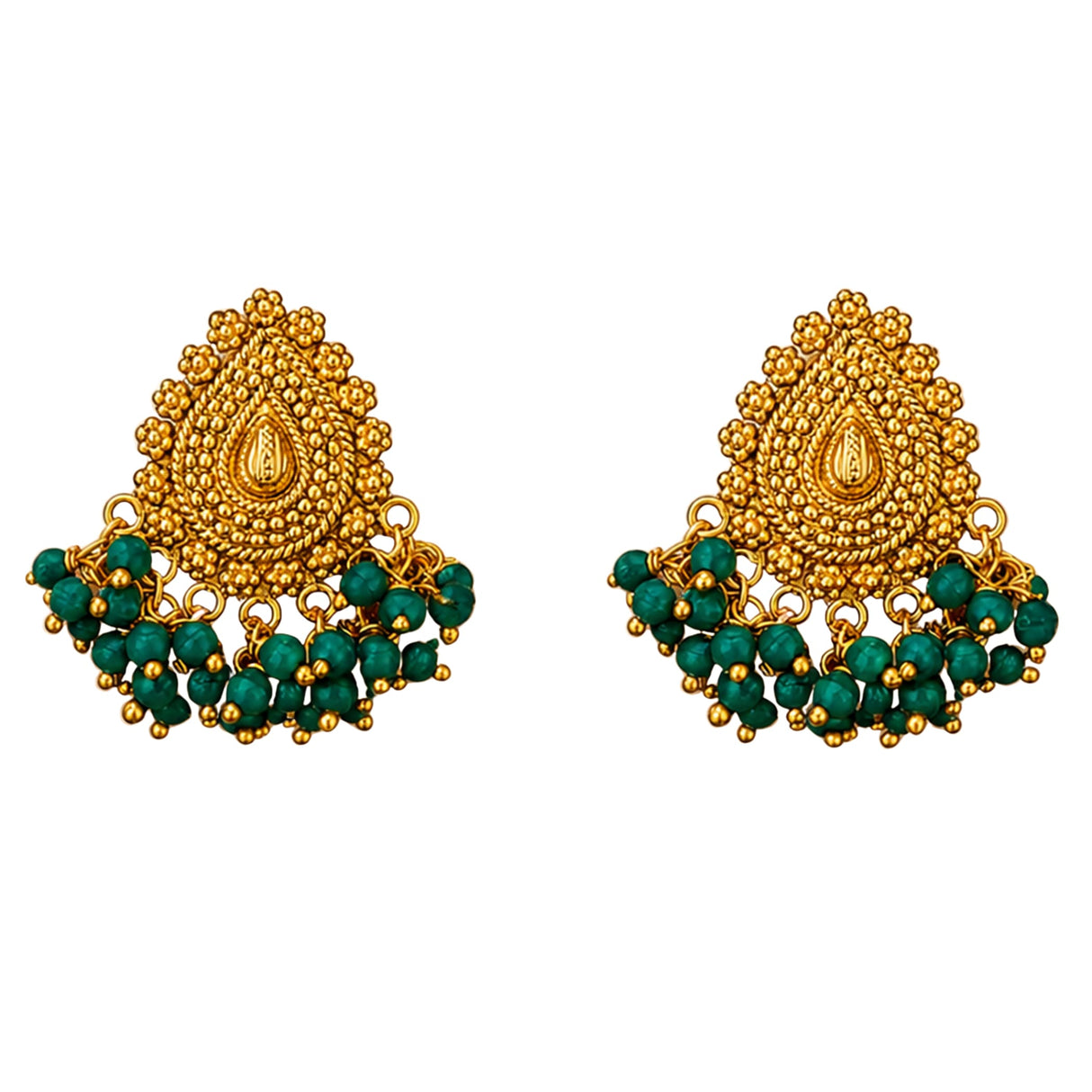 Indian chandbali gold tone dangle earrings with intricate beadwork and emerald green gemstones for ethnic wear