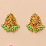 Indian chandbali gold tone dangle earrings with intricate bead detailing and mint green beads for wedding and ethnic wear