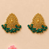 Indian chandbali gold tone dangle earrings with intricate beads and teal green jade-like drops for wedding and ethnic wear