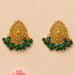 Indian chandbali gold tone dangle earrings with intricate beads and teal green jade-like drops for wedding and ethnic wear