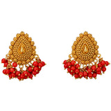 Indian chandbali gold tone dangle pierced earrings with intricate beadwork and red bead accents for traditional wear