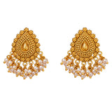 Indian chandbali gold tone teardrop earrings with intricate design and dangling white pearls for wedding and ethnic wear