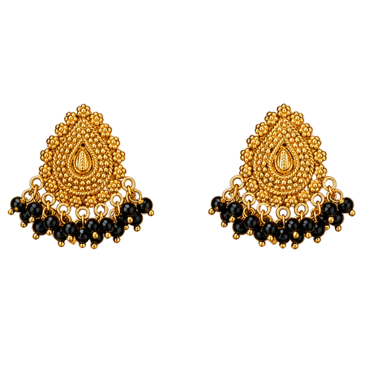 Golden teardrop indian chandbali earrings with intricate beadwork and dangling black beads for wedding and ethnic wear