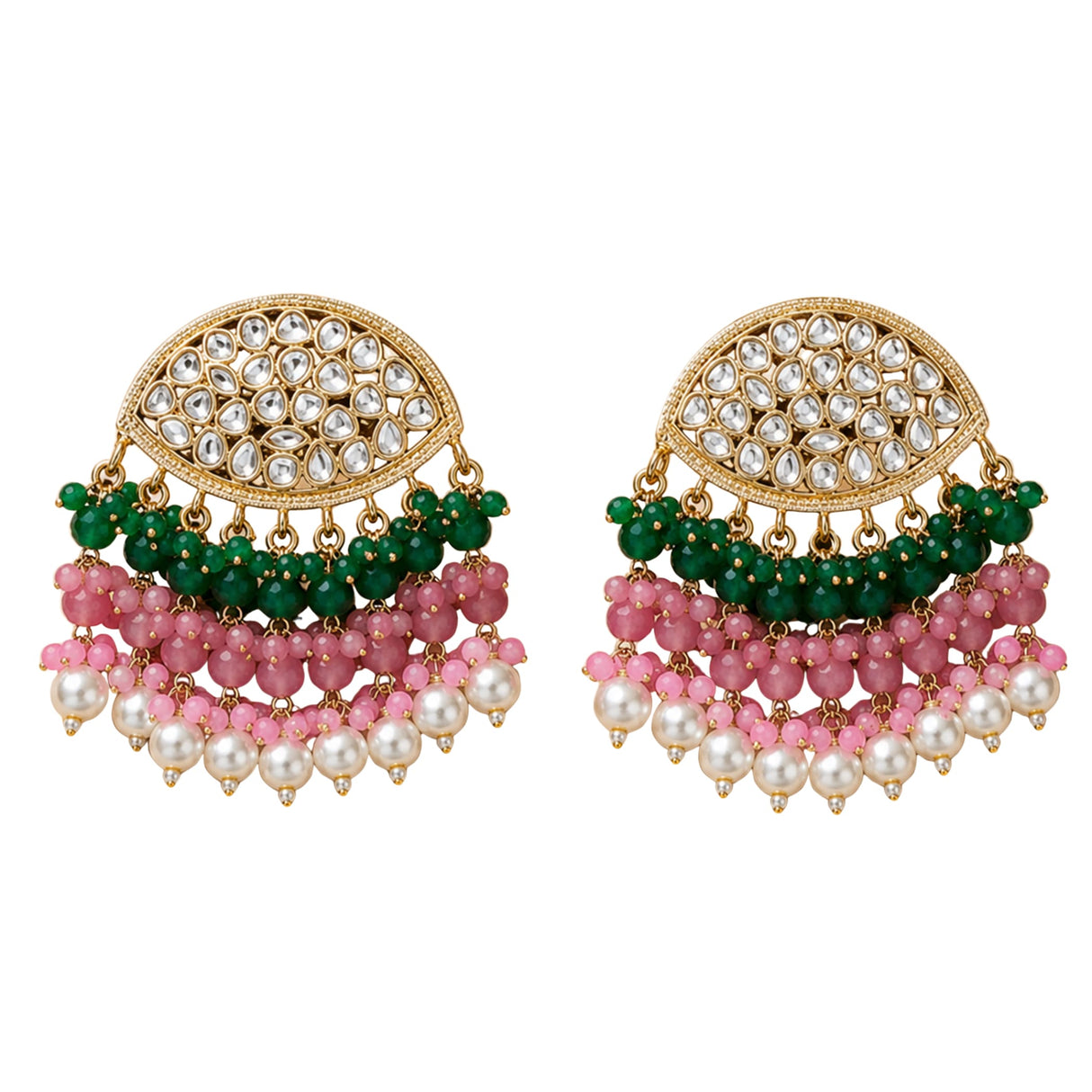 Elegant gold tone kundan stone earrings with emerald and pink beads accented by white pearls for wedding and ethnic wear
