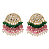 Elegant gold tone kundan stone earrings with emerald and pink beads accented by white pearls for wedding and ethnic wear