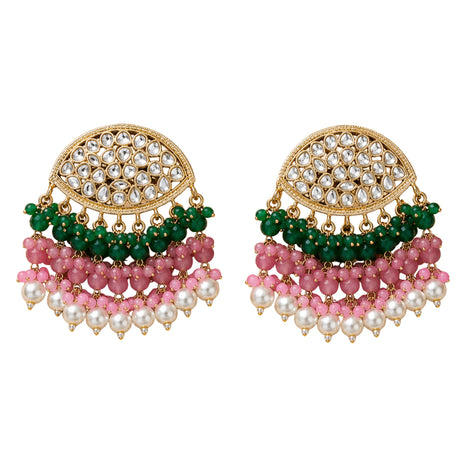 Elegant gold tone kundan stone earrings with emerald and pink beads accented by white pearls for wedding and ethnic wear