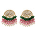 Elegant gold tone kundan stone earrings with emerald and pink beads accented by white pearls for wedding and ethnic wear